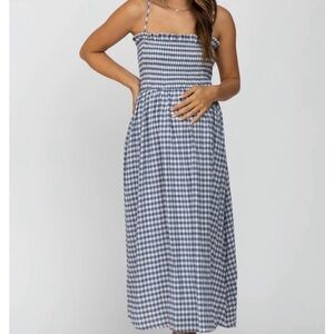 Blue Gingham Smocked Midi Maternity Dress